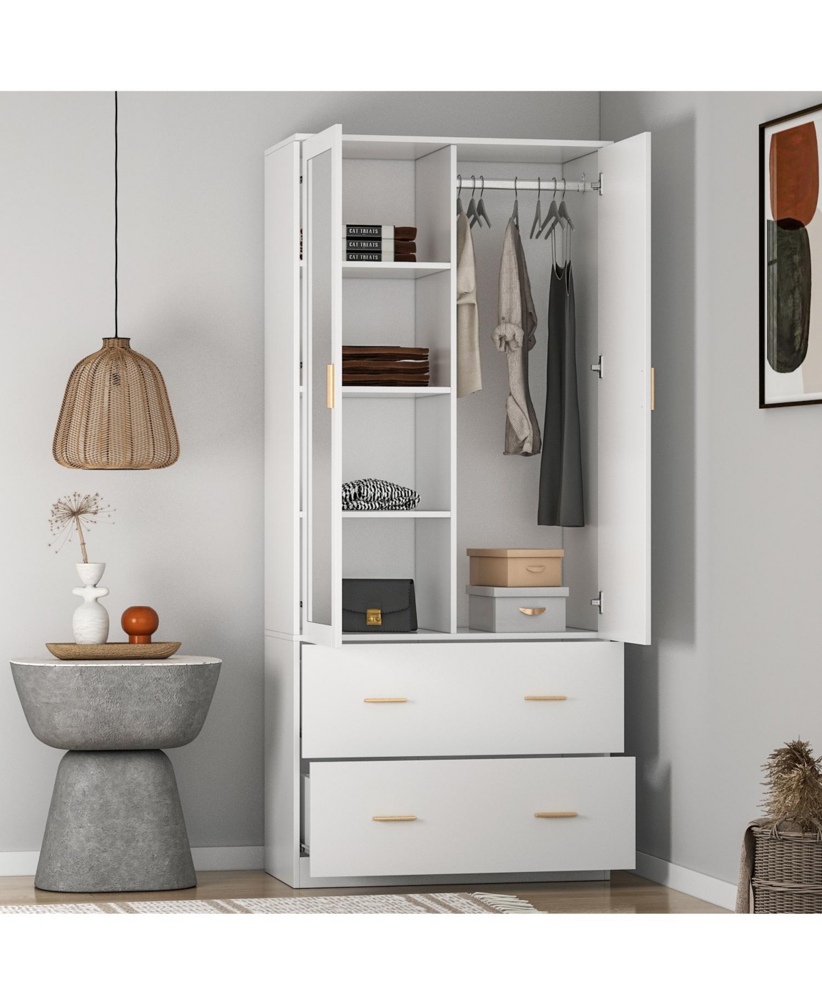 Wardrobe with Mirror and 2-Door 2-Drawer, Bedroom Armoire, Closet