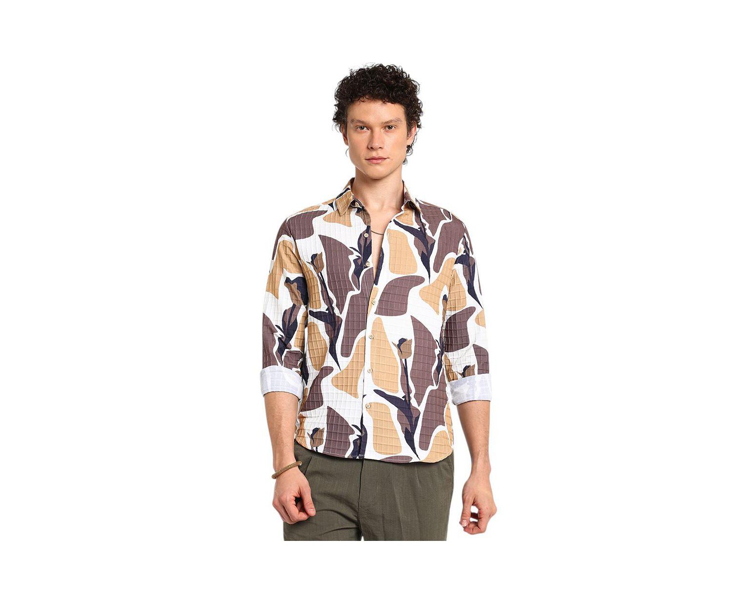 Men's Taupe Brown & Beige Abstract Tulip Shirt
