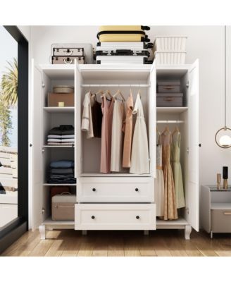 Modern Nordic style minimalist 4-door 2-drawer armoire, white wardrobe, bedroom closet