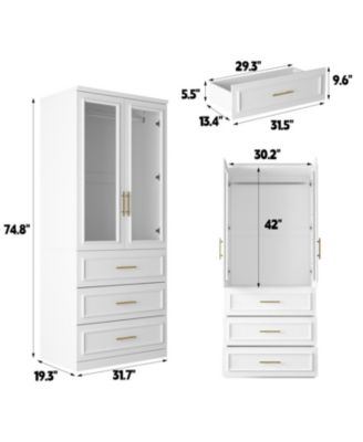 2-Door 3-Drawer Wardrobe with Tempered Glass – Bedroom Closet Armoire