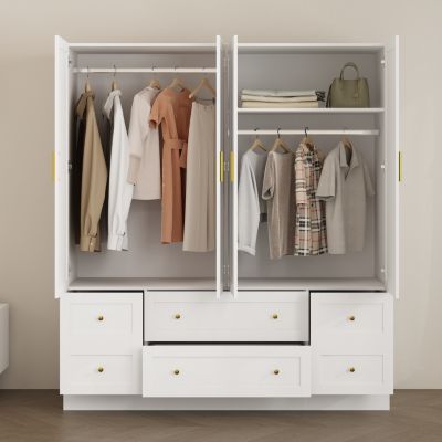 Simple white 4-door 6-drawer wardrobe with large capacity, bedroom Armoire, Closet