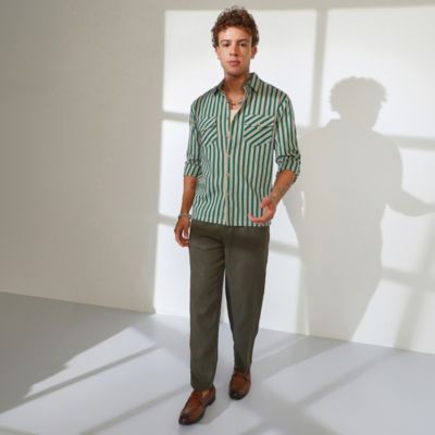 Men's Forest Green & Khaki Beige Candy Striped Oversized Shirt