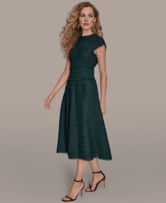 Women's Tweed Cap Sleeve A-Line Midi Dress