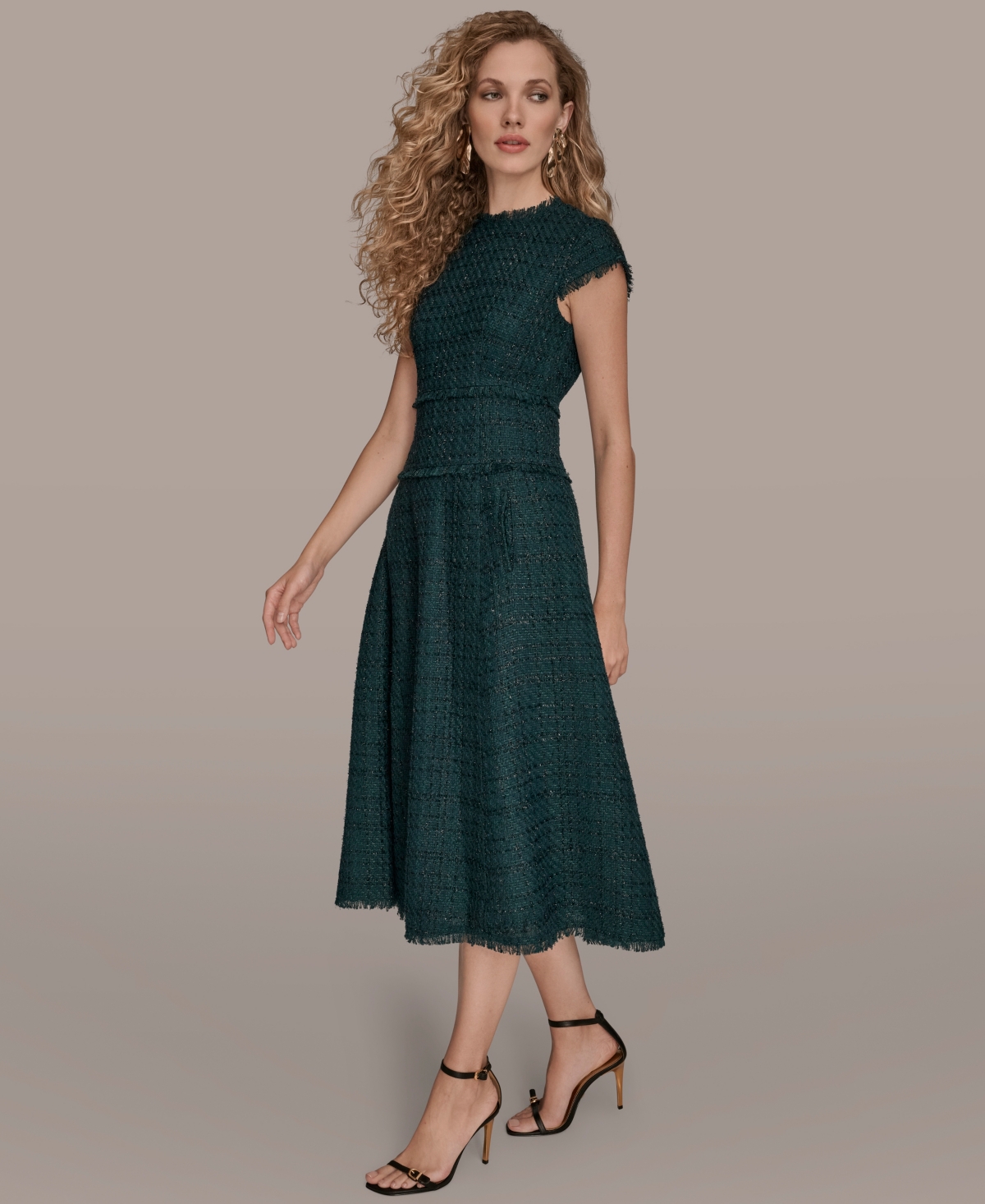 Donna Karan New York Metallic Tweed Midi Dress In Green