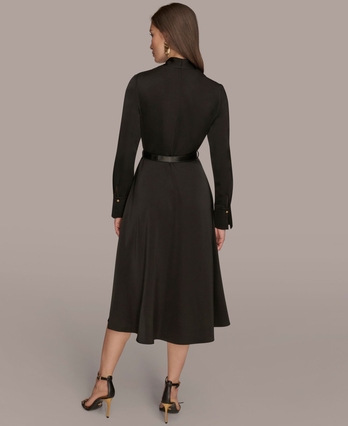Женское платье Donna Karan New York Satin V-Neck Belted A-Line Midi, цвет: Чёрный — фото 5