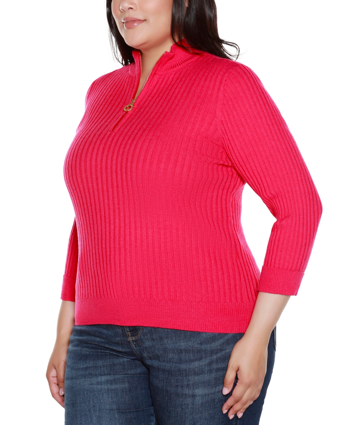 Belldini Plus Size Ribbed Quarter-zip Sweater In Pink