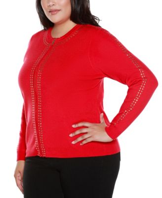 Black Label Plus Size Crewneck Embellished Zip Cardigan Sweater