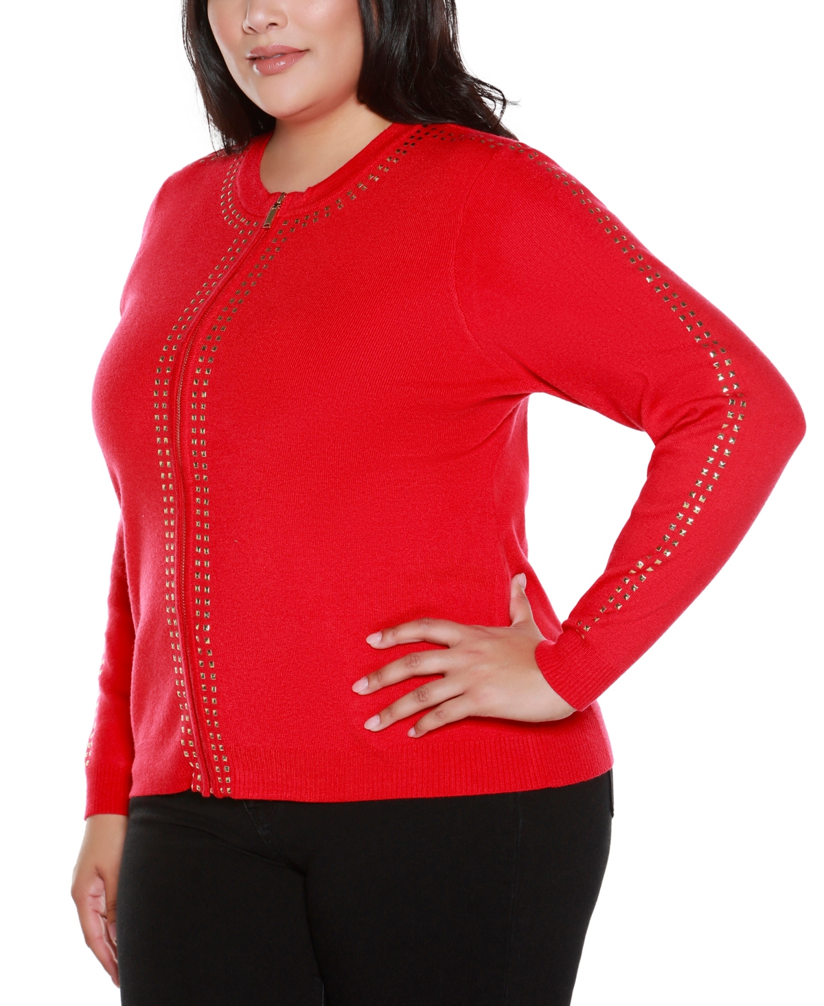 Belldini Plus Size Crewneck Embellished Zip Cardigan Sweater In Red