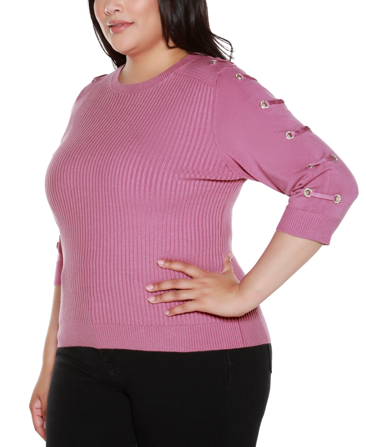 Belldini Plus Size Grommet-trim Ribbed Sweater In Pink