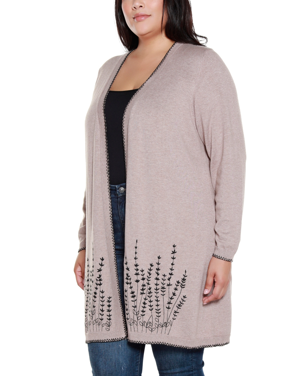 Belldini Plus Size Embroidered Open-front Cardigan Sweater In Neutral