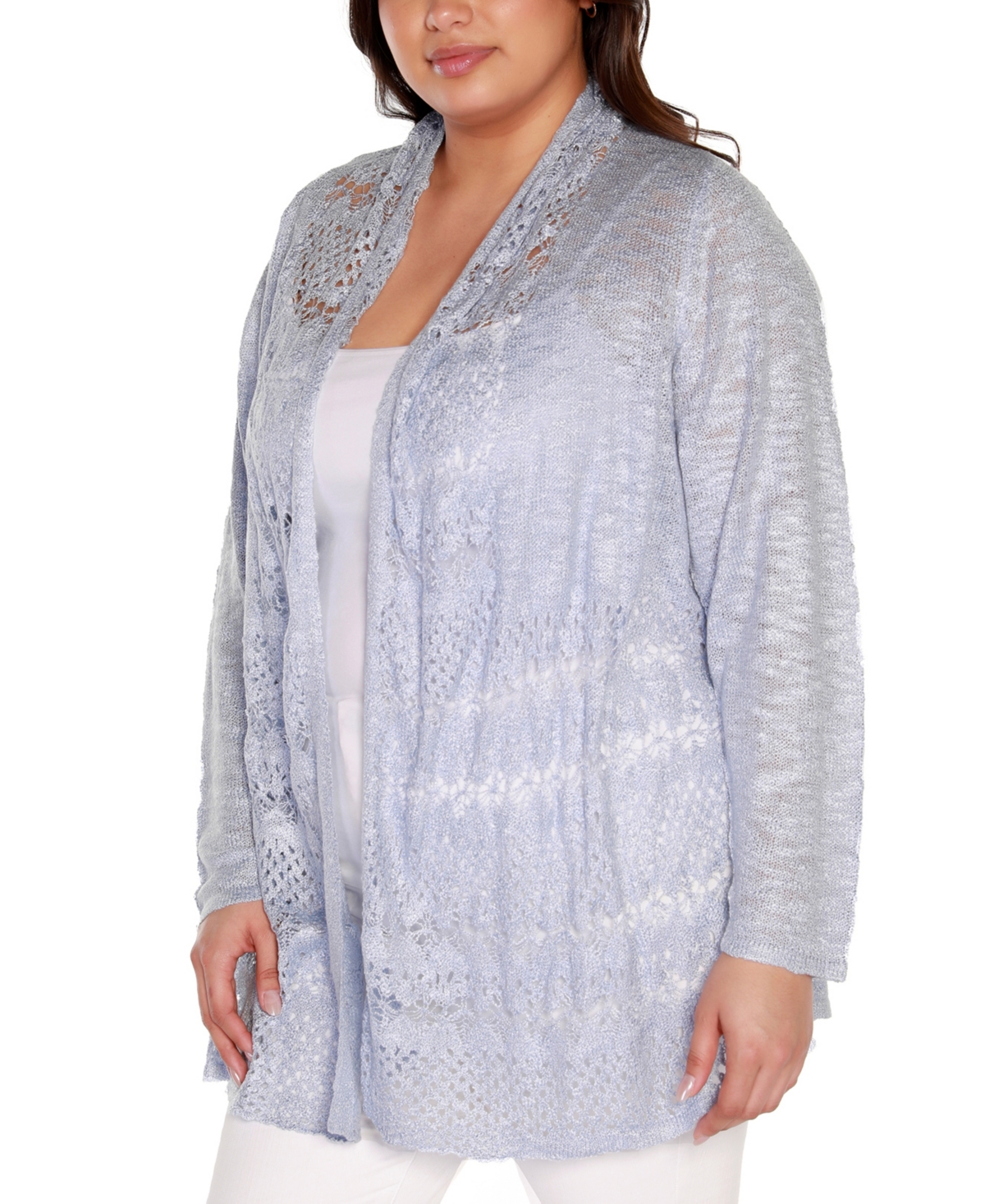 Belldini Plus Size Open-front Pointelle-trim Cardigan Sweater In Blue