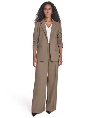 Calvin Klein Womens Novelty One Button Blazer Wide Leg Pants Mixed Media Sleeveless Blouse In Brown