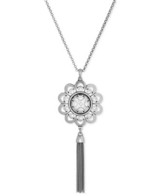 Silver-Tone Floral Tassel Long Length Pendant Necklace