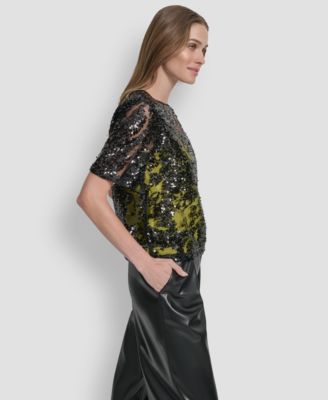 Women's Short Sleeve Sequin Overlay Boxy Top