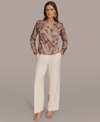 Donna Karan Womens Long Sleeve Printed Top Pleated Wide Leg Pants In Neutral