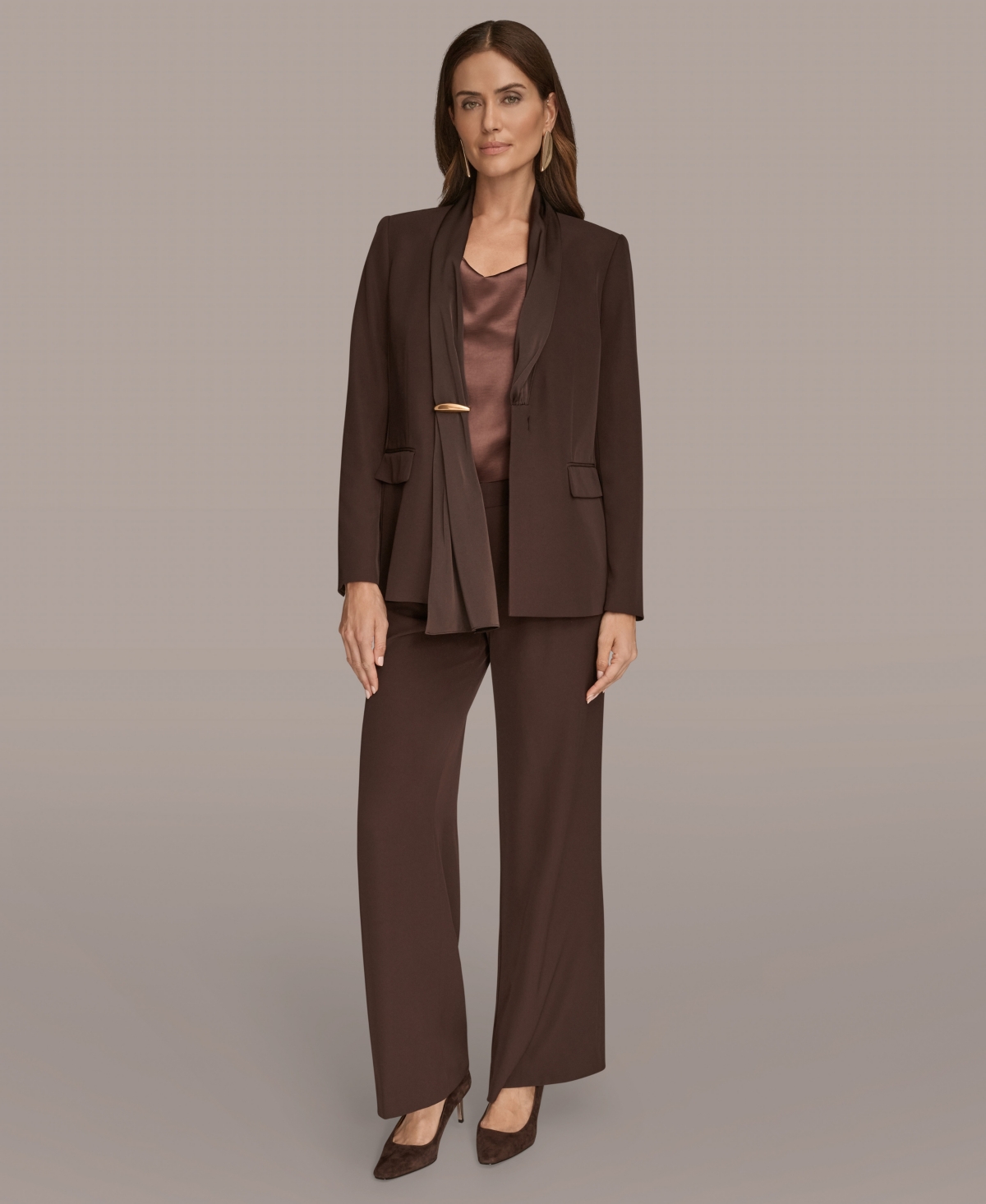 Donna Karan Women's Petites Mixed Media Draped Neck Blazer, Regular & Petite In Brown