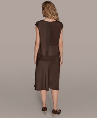Donna Karan Womens Mixed Media Cap Sleeve Blouse Satin A Line Midi Skirt In Brown