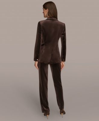 Donna Karan Womens Velvet One Button Jacket Charmeuse Cowl Neck Tank Top Velvet Straight Leg Pants In Brown