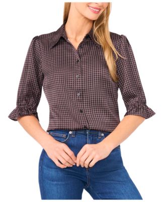 CeCe - Women's Balloon Short Sleeves Button Down Shirt