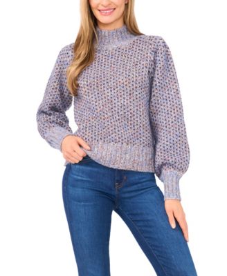 Women's Marled Blouson Sleeve Jacquard Knit Mock Neck Sweater