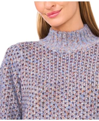 Women's Marled Blouson Sleeve Jacquard Knit Mock Neck Sweater