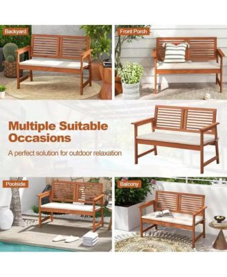 Solid Wood Outdoor Patio Garden Bench with Slatted Back, Armrests, and Seat Cushion
