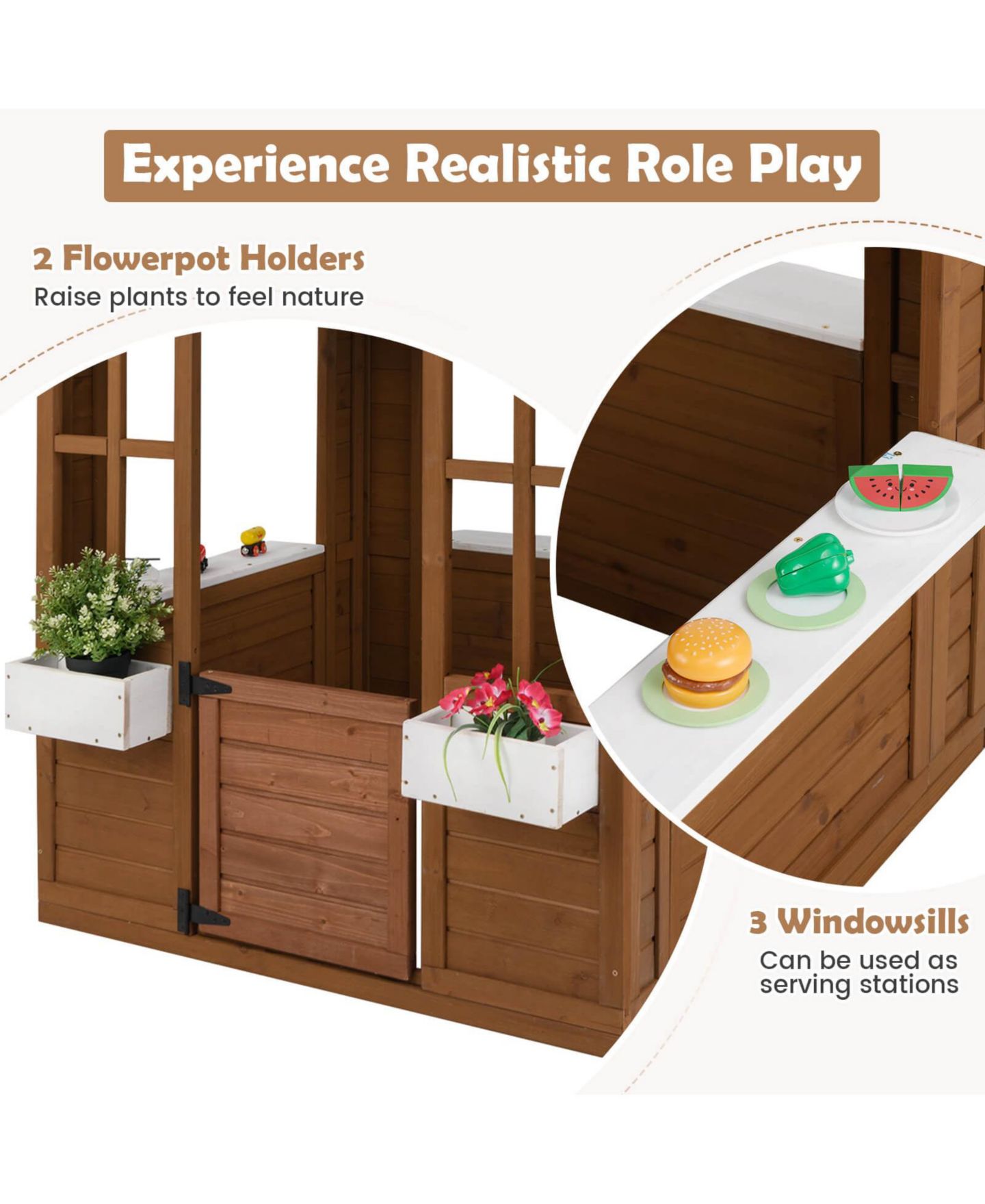 Детская игрушка Costway Outdoor Playhouse Wood Adventures Cottage with Serving Stations & Door, цвет: Натуральный — фото 6