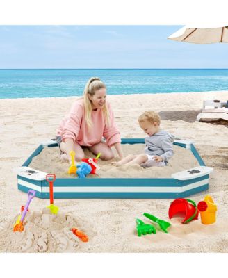 Outdoor Wooden Sandbox with Animal Patterns Seats Backyard Bottomless Sandpit
