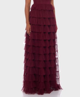 Juniors' Spaghetti Strap Square Neck Ruffle Gown