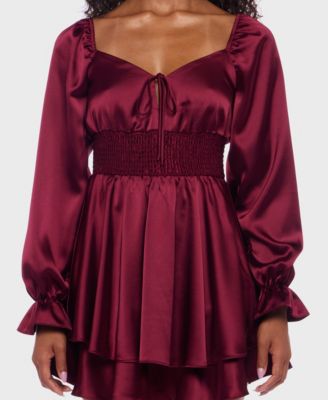 Juniors' Satin Tie-Neck Smocked-Waist Dress