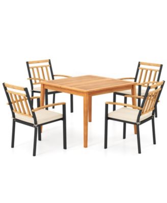Set Of 5 Patio Acacia Wood Dining Set w/ Soft Seat Cushions Umbrella Hole for Yard