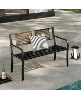 50" Outdoor Metal Park Bench with Rattan-Like Backrest & Curved Armrests