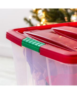94 Quart Stackable Holiday Plastic Storage Bins with Lids and Latching Buckles, Clear/Red - 2 Pack