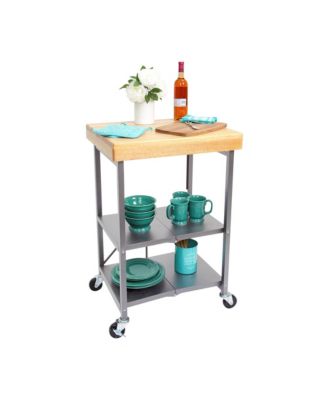 Foldable Wheeled Portable Solid Wood Top Kitchen Island Bar Cart, Silver