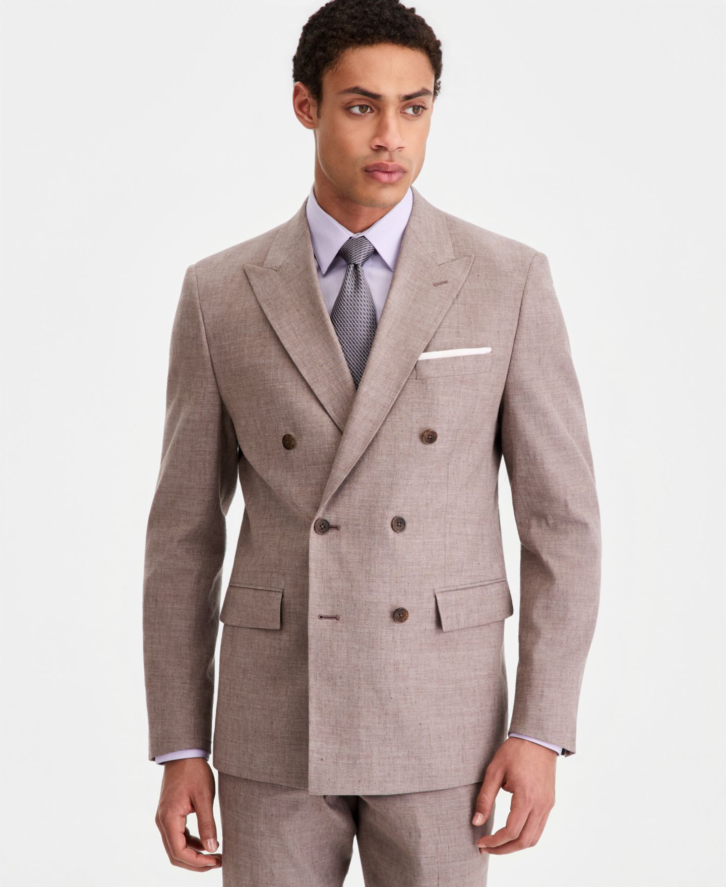 Мужские куртки Calvin Klein Slim-Fit Double-Breasted Linen-Blend Suit Separates, цвет: Коричневый — фото 1