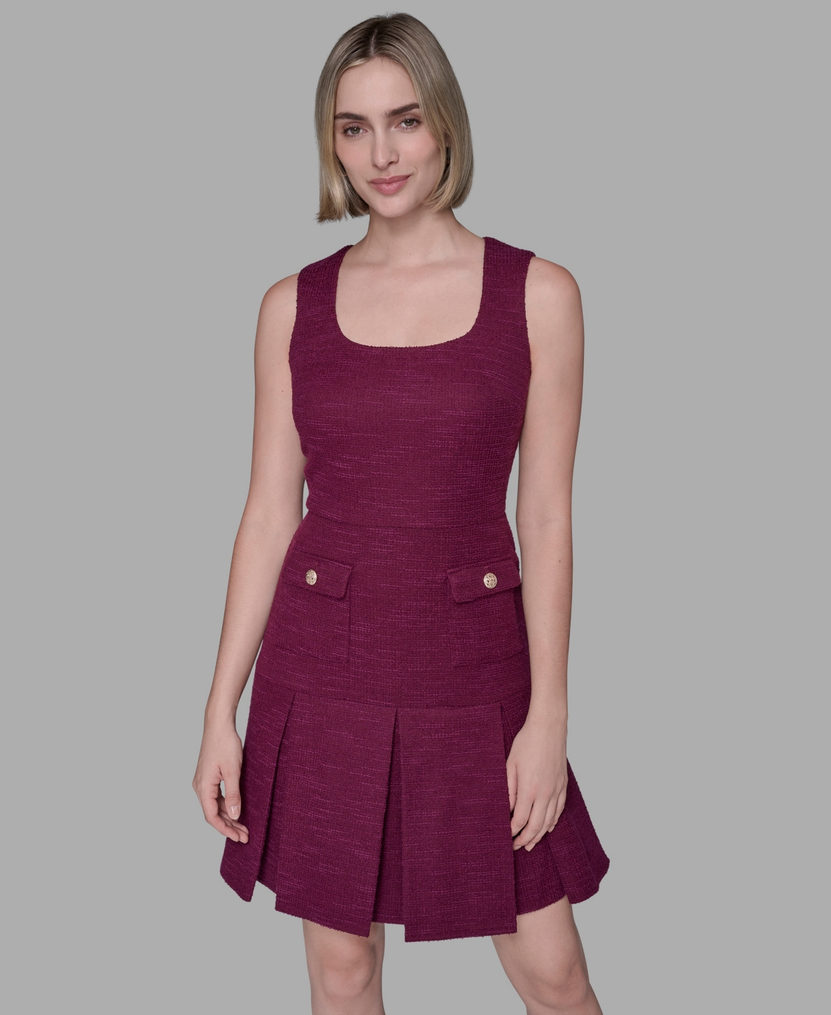 Karl Lagerfeld Textured Tweed Square Neck Mini Dress In Burgundy