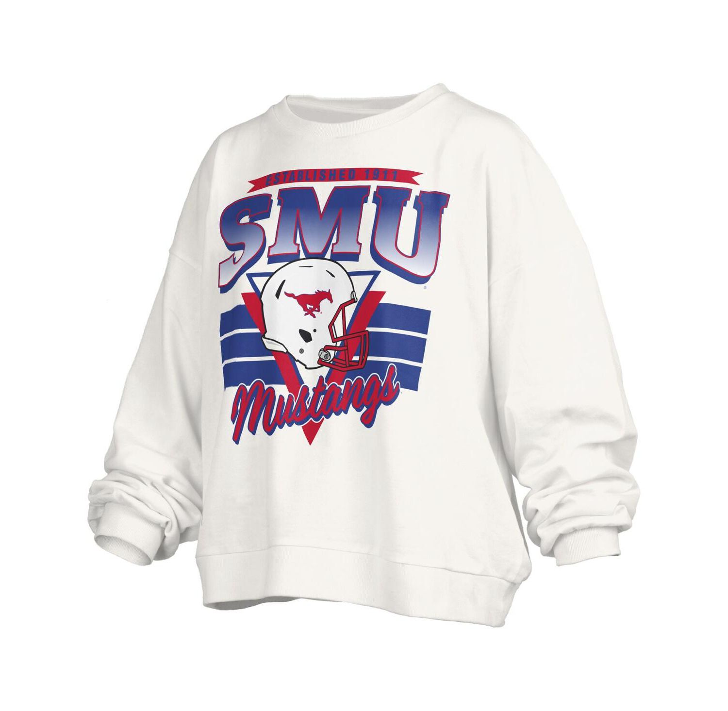 Women's White SMU Mustangs Oversized Janice Retro Waist-Length Pullover Sweatshirt