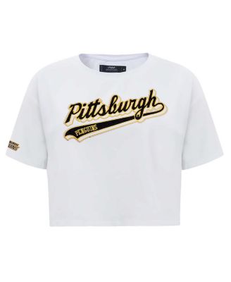 Women's White Pittsburgh Penguins Boxy Script Tail Cropped T-Shirt