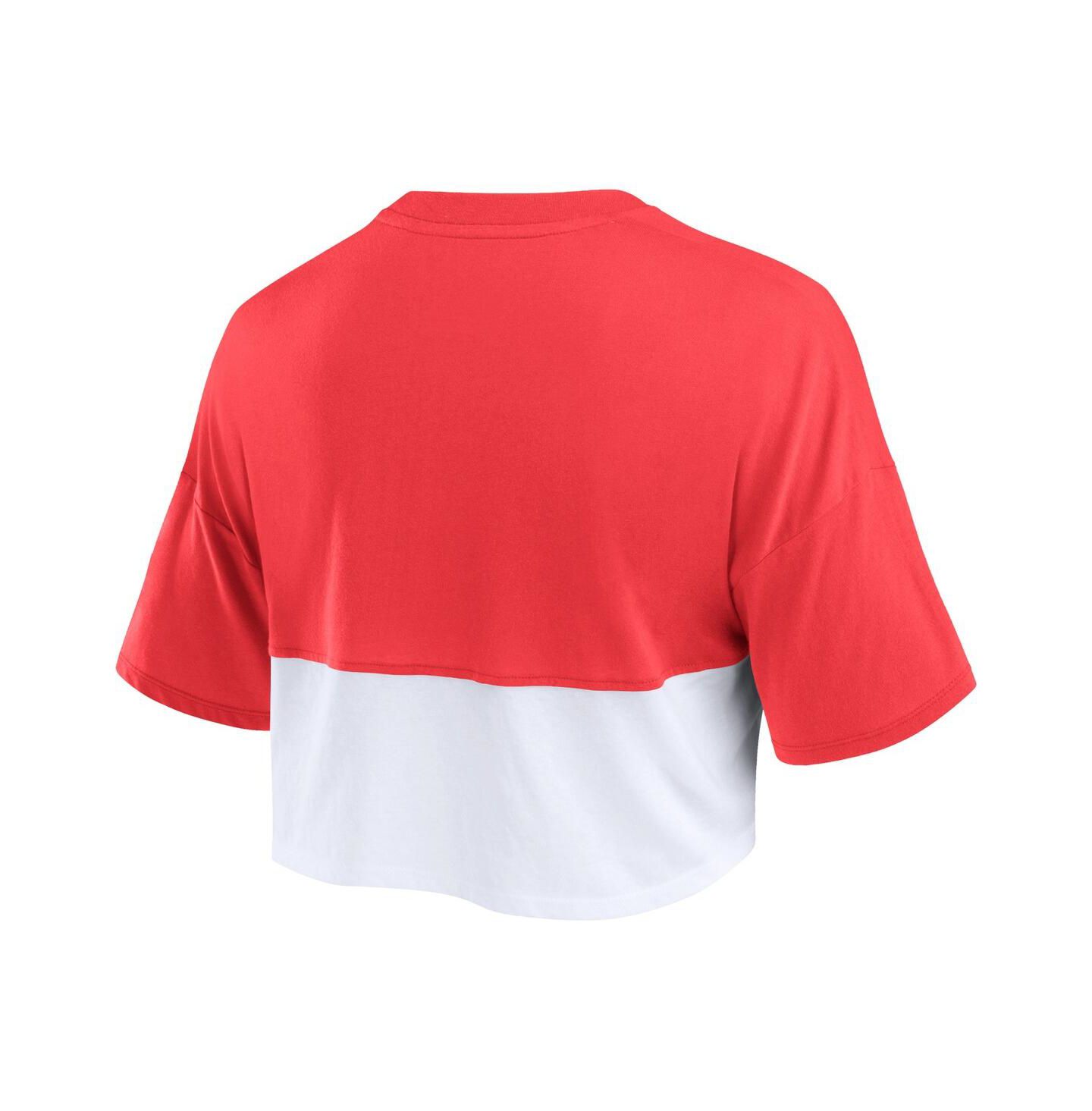 Женская футболка Fanatics Red/White Wisconsin Badgers Oversized Badge Color Block Cropped — фото 2