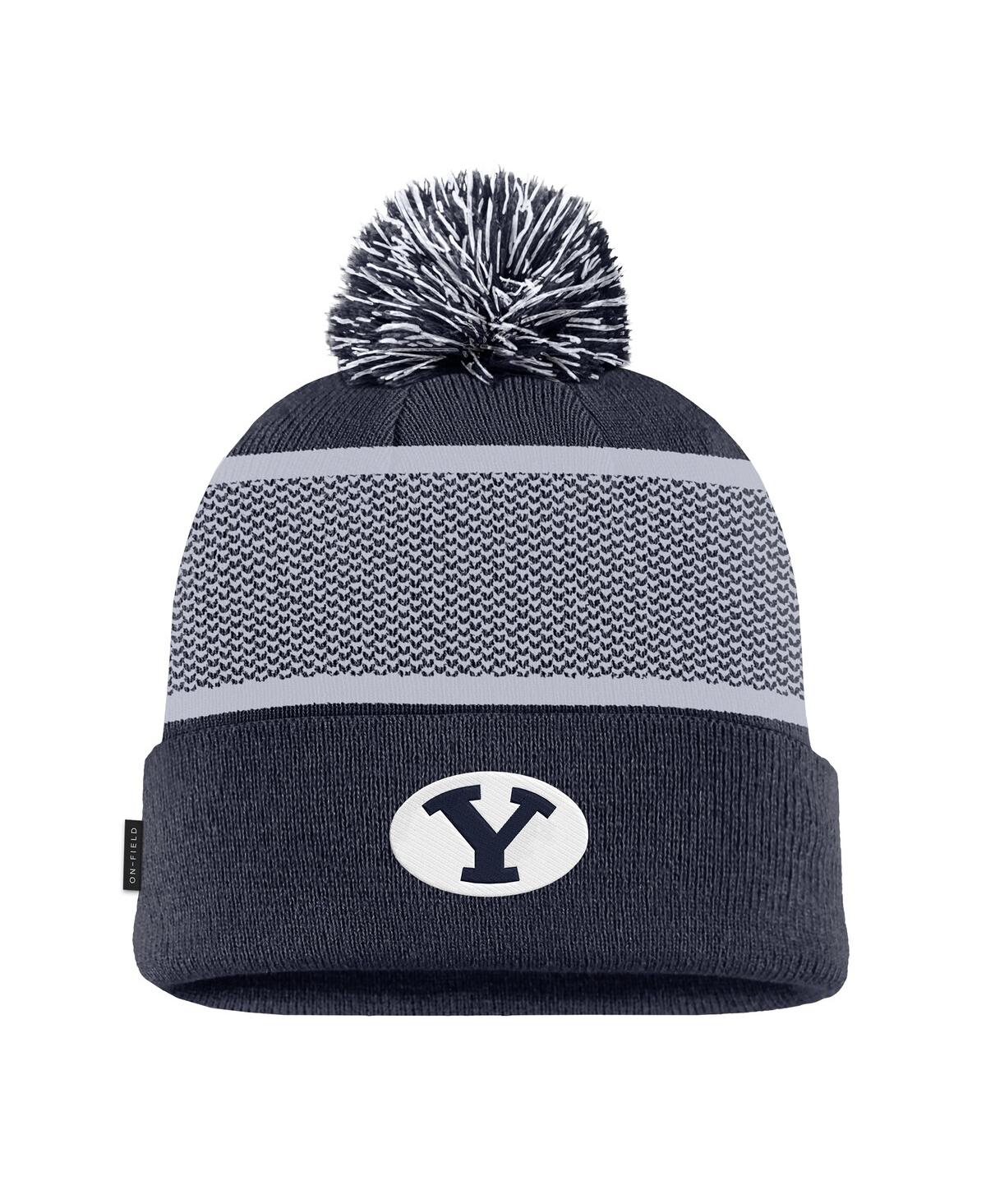 Nike Kids' Big Boys And Girls Navy Byu Cougars 2024 Sideline Peak Cuffed Knit With Pom Hat In Blue