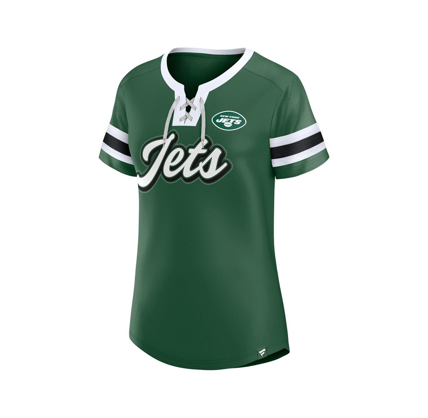 Women's Green New York Jets True Catch Iconic Rhinestone Bling Athena Lace-Up T-Shirt