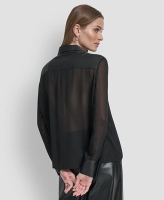 Women's Long Sleeve Chiffon Logo Button Front Top