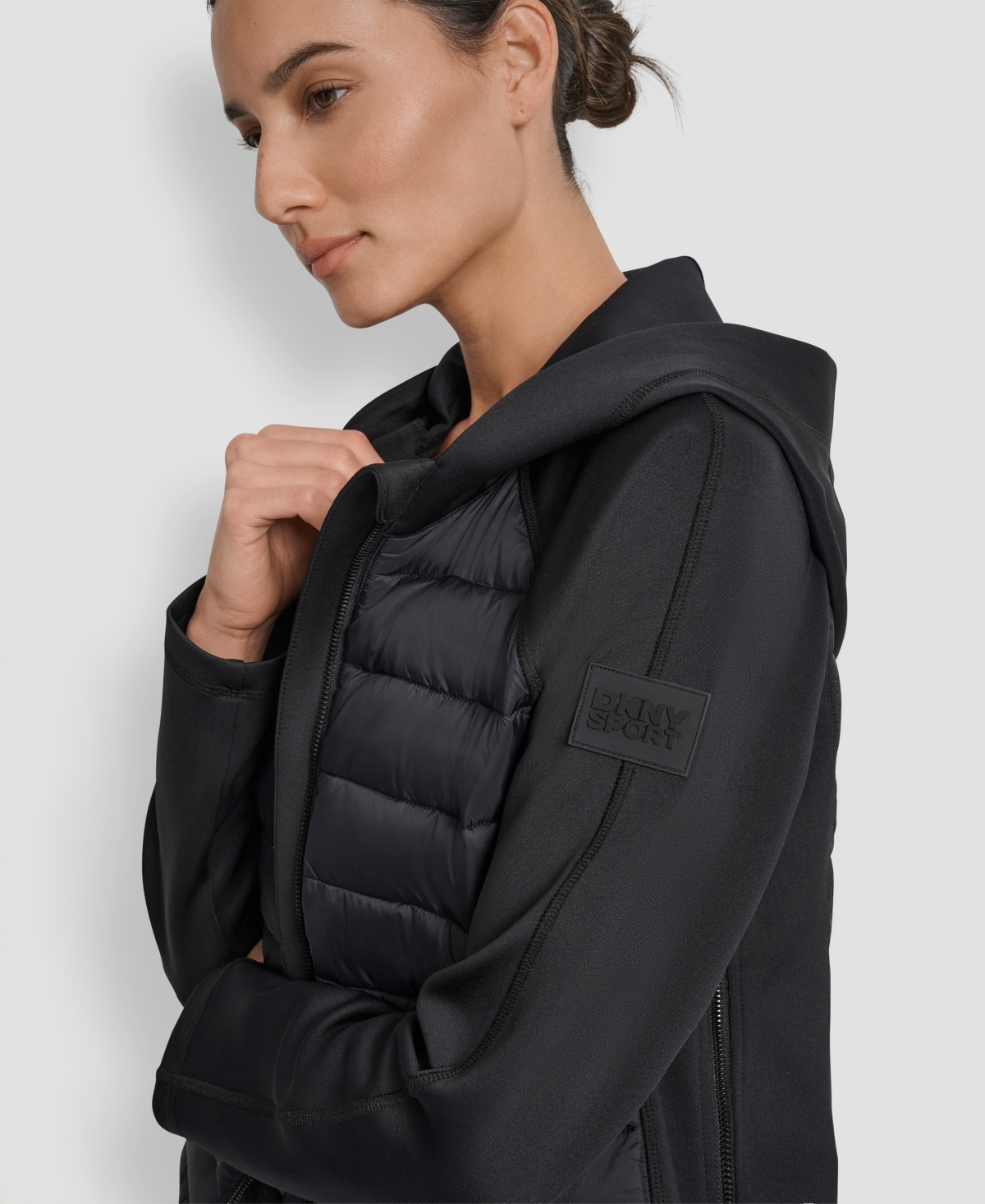 Dkny Women's High Low Hem Scuba Mixed Quilted Puffer Jacket In Black