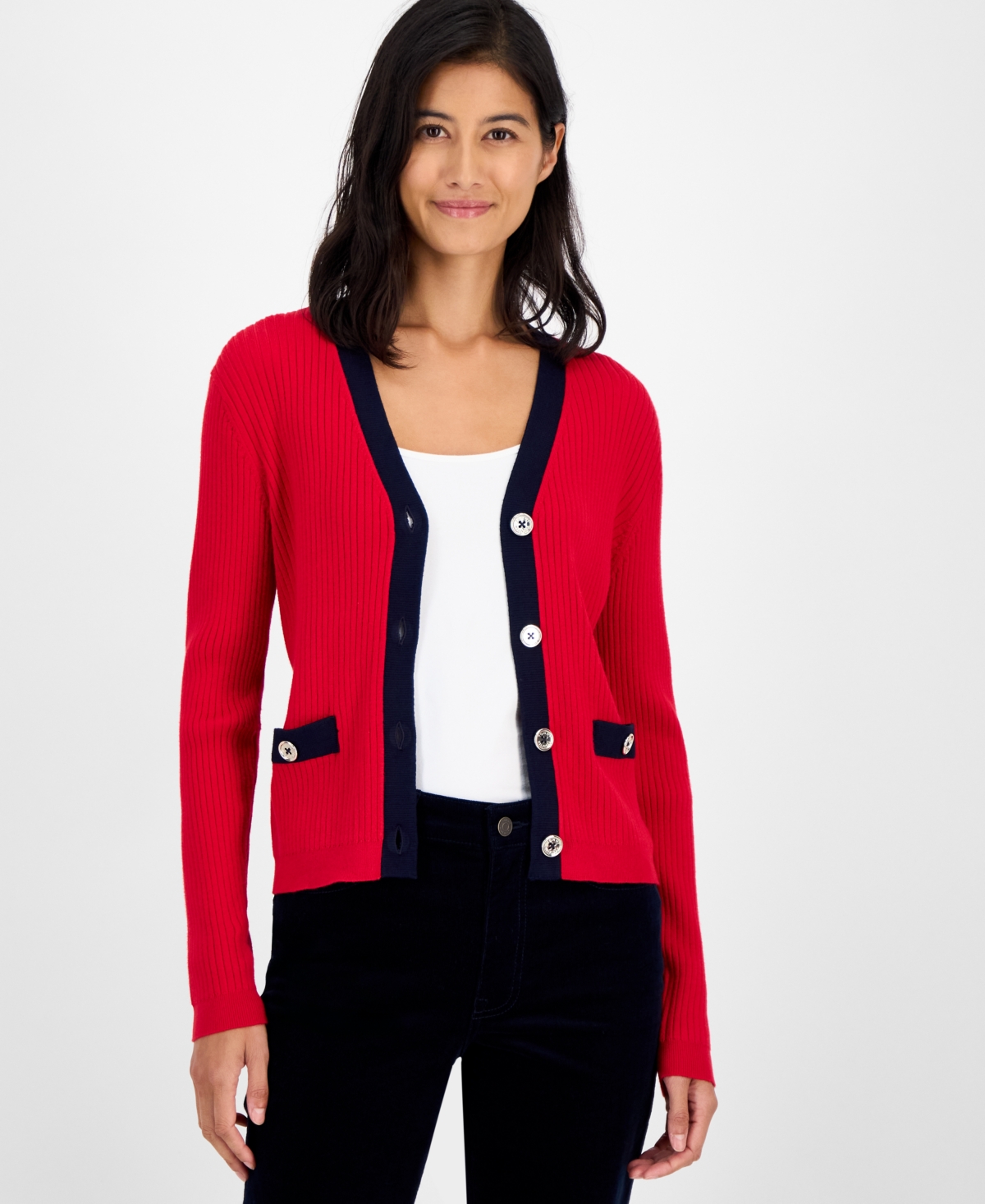 Tommy Hilfiger Women's Contrast Trim V-neck Button-front Cardigan In Red