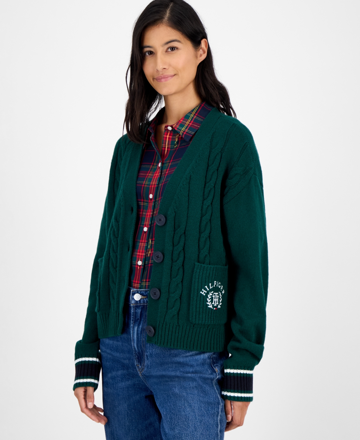 Tommy Hilfiger Women's Cable-knit Varsity Cardigan In Green