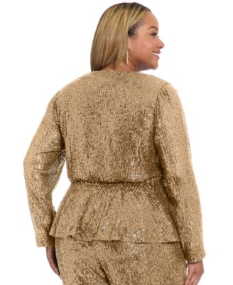 Plus Size Sequin Long Sleeve Twist Wrap Top