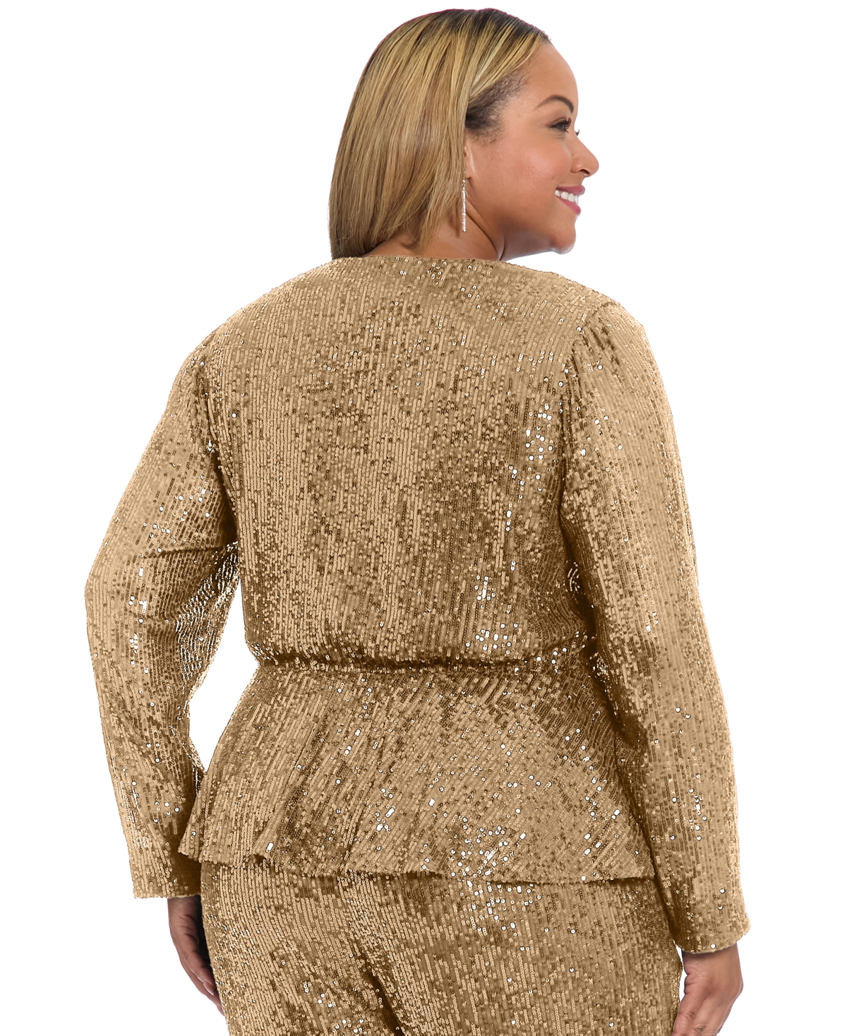 Muse Plus Size Sequin Long Sleeve Twist Wrap Top In Brown