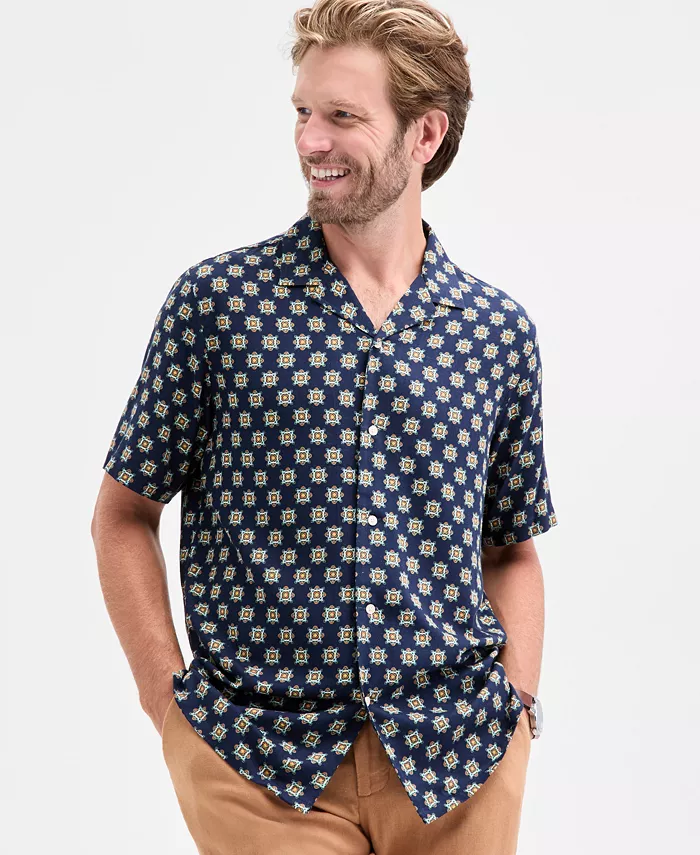 Men's Medallion-Print Camp Collar Short-Sleeve Shirt