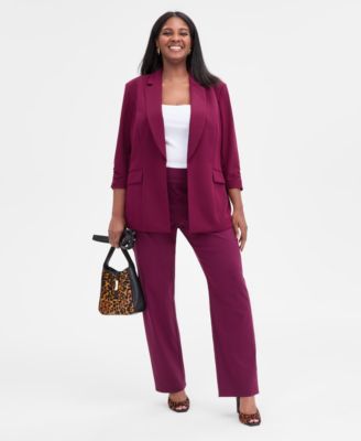 Plus Size 3/4-Sleeve Blazer & Mid-Rise Pull-On Straight-Leg Pants