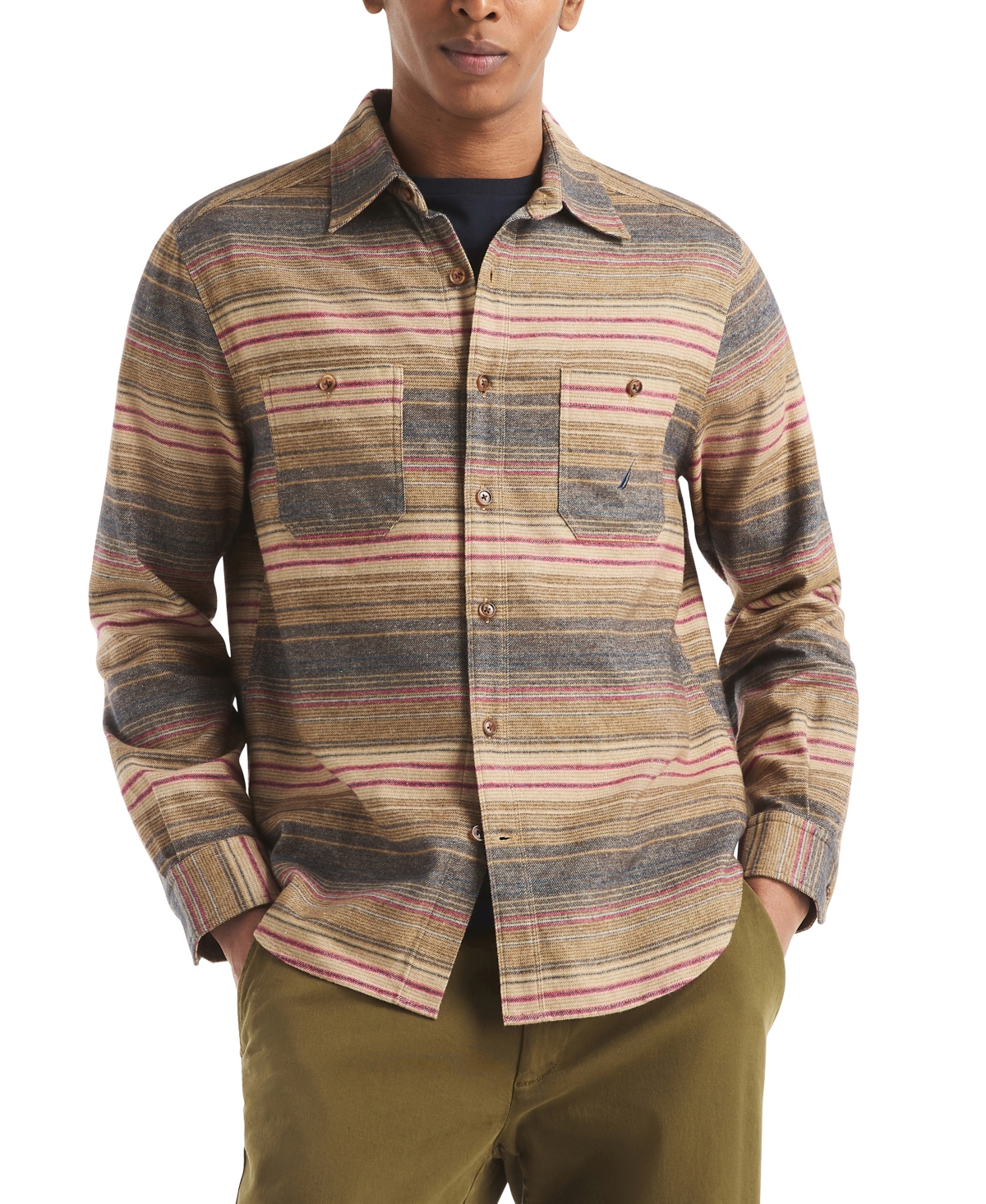 Nautica Mens Striped Flannel Shirt In Brown